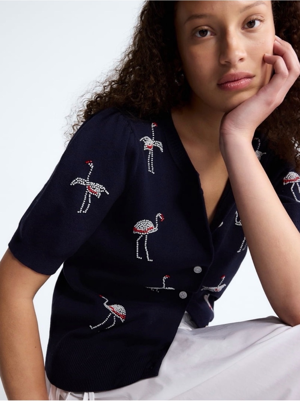 NWT Women's Short Sleeve Puff cardigan Sweater - beaded flamingos
